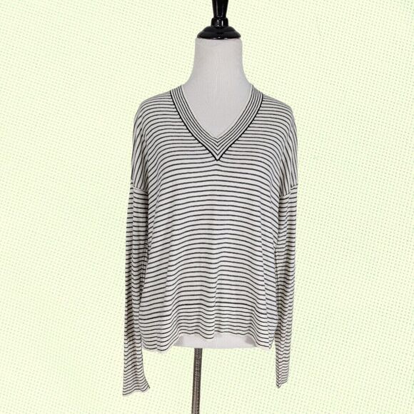 ATM Ivory Black Striped Long‎ Sleeve Silk Wool Cashmere Knit V Neck Sweater XS - Picture 1 of 7